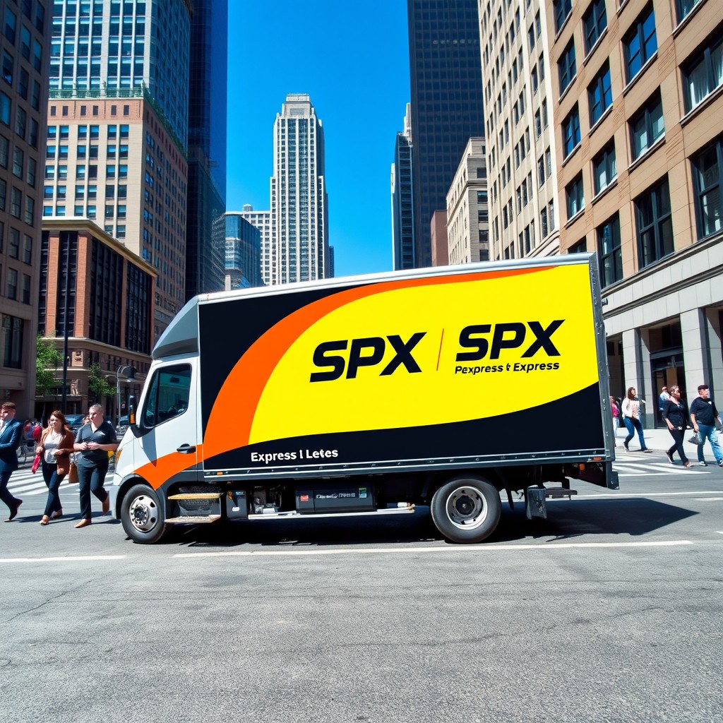 A modern and sleek SPX Express delivery truck in an urban environment, showcasing its vibrant company branding