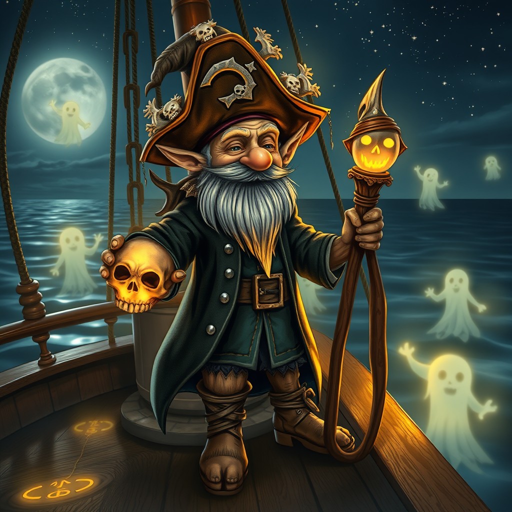 A whimsical gnome pirate necromancer standing on a ship's deck, surrounded by mystical glowing runes