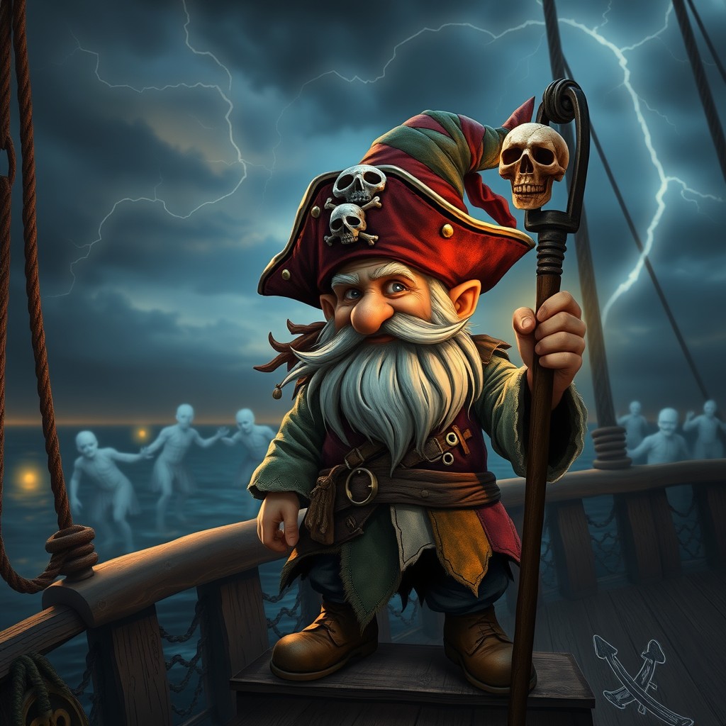 A gnome pirate necromancer, standing on the deck of a weathered pirate ship, with a tattered pirate hat adorned with skull motifs