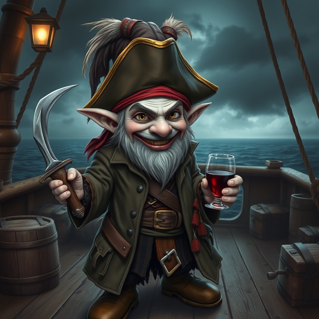 A gnome dhampir pirate with playful yet fierce features, dressed in tattered pirate attire including a long coat and a tricorn hat adorned with feathers