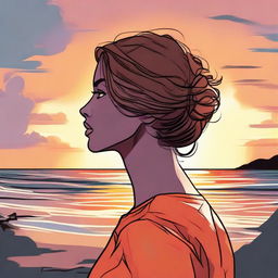 In Marvel style, create an illustration of a side-profile woman captivated by a beach sunset.