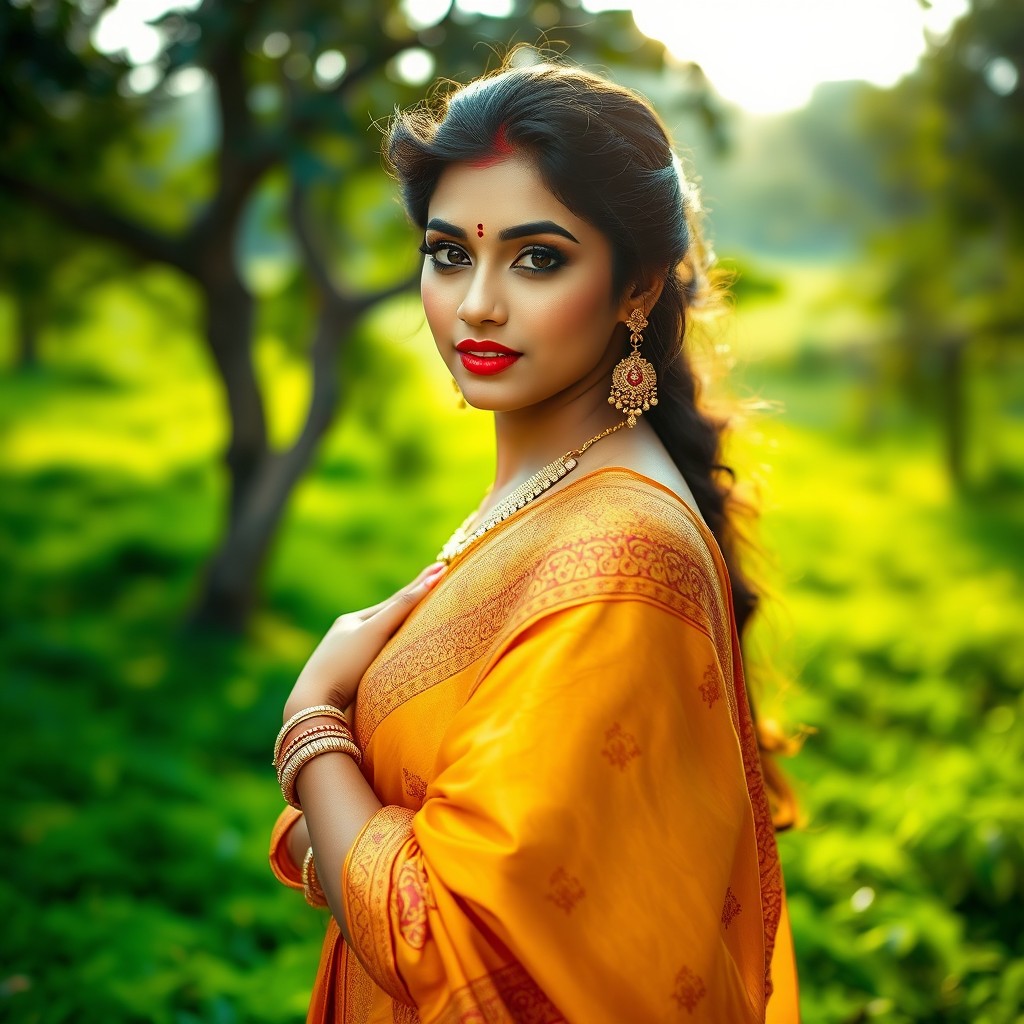 A sensuous portrait of a beautiful South Indian woman in traditional attire, draped in a vibrant saree with intricate patterns, the fabric elegantly hugging her curves