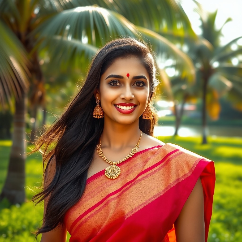 A beautiful South Indian woman with radiant skin and long dark hair, dressed in an elegant traditional Kerala saree, showcasing intricate gold jewelry
