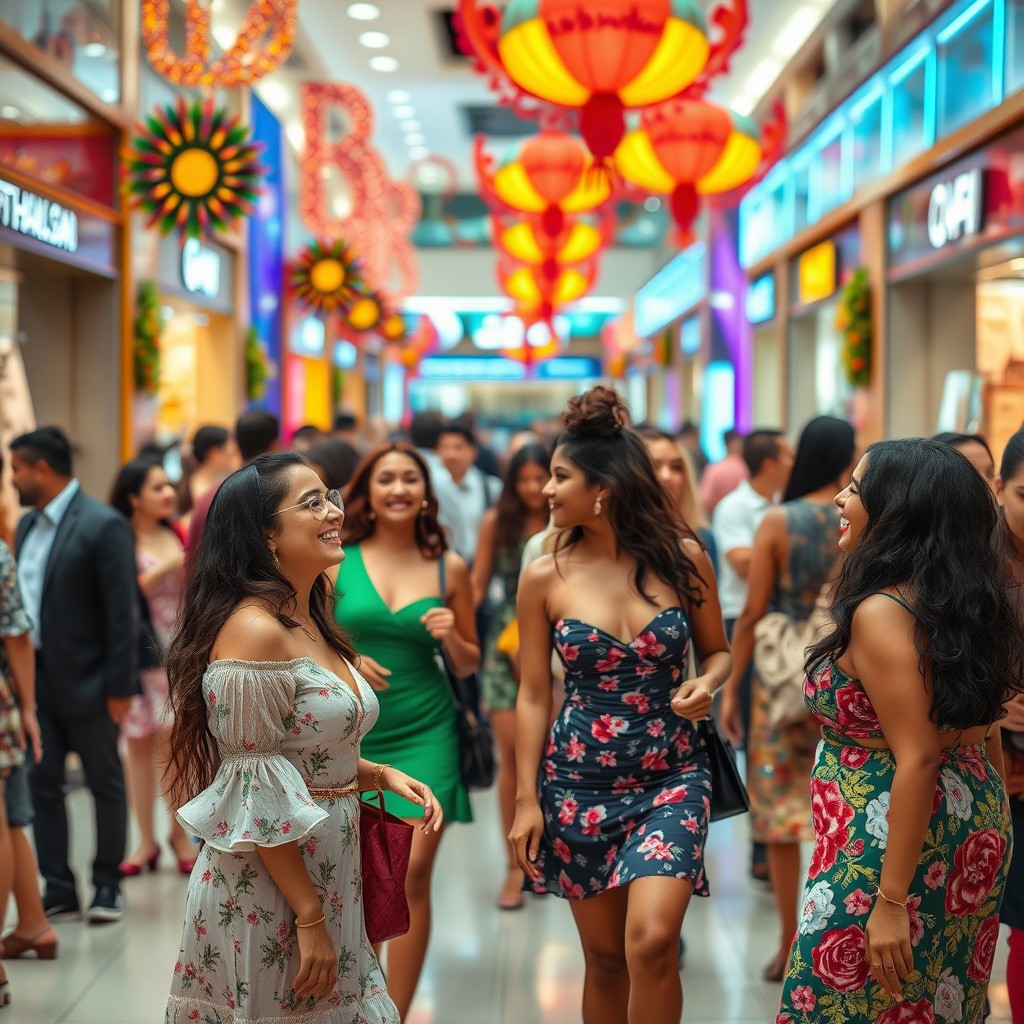 A vibrant and colorful scene in a lively mall environment featuring beautifully dressed individuals interacting and enjoying themselves