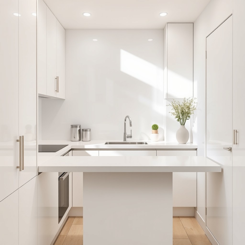 A small kitchen design featuring a sink against the back wall and light colors throughout