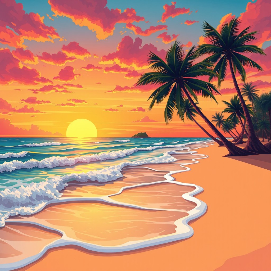 Crea una ilustración vibrante y colorida de un atardecer en una playa tropical