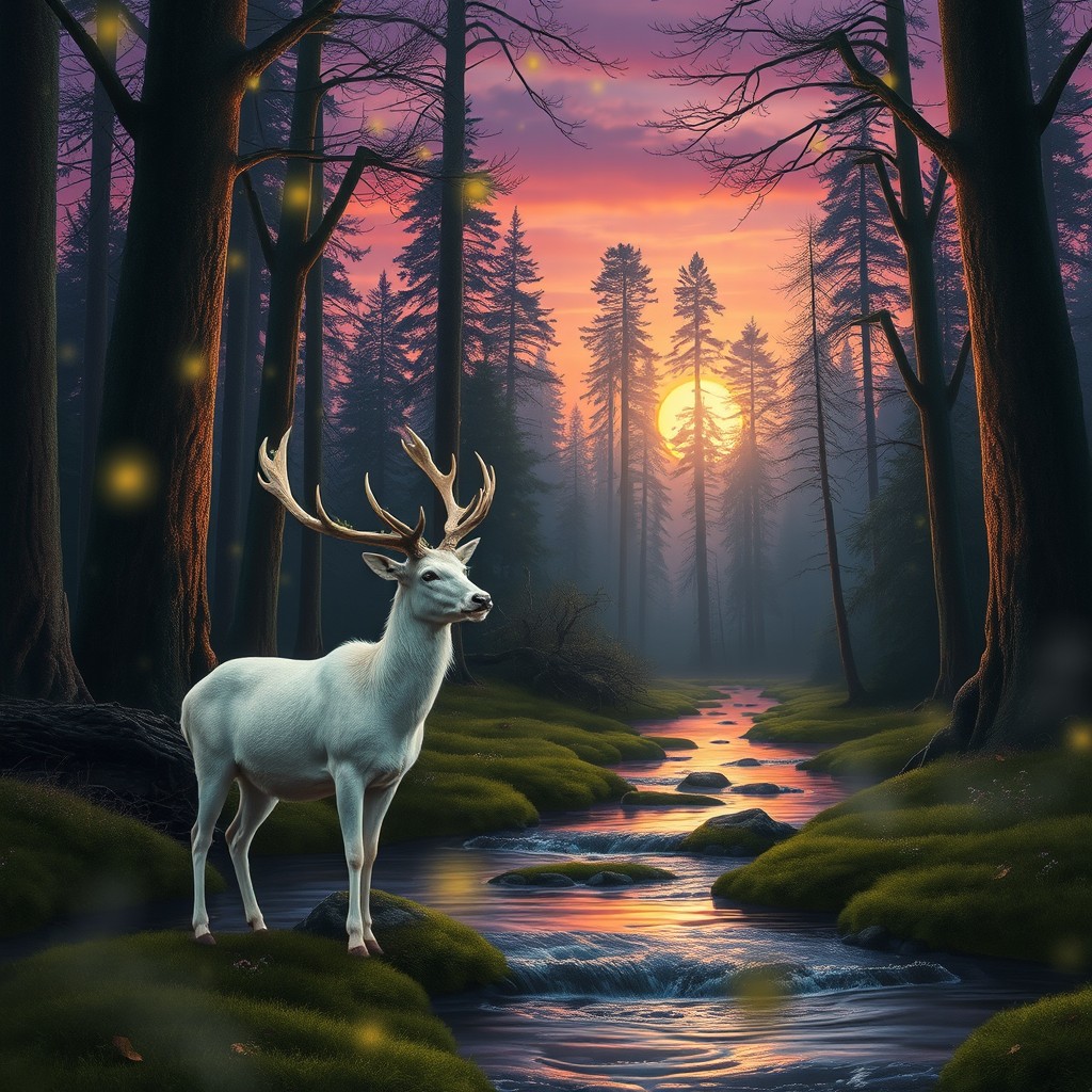 Create an enchanting scene featuring a mystical forest at dusk