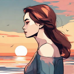 In Marvel style, create an illustration of a side-profile woman captivated by a beach sunset.