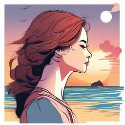 In Marvel style, create an illustration of a side-profile woman captivated by a beach sunset.