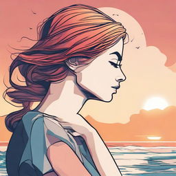 In Marvel style, create an illustration of a side-profile woman captivated by a beach sunset.