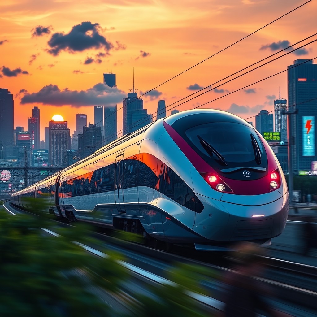 A dynamic, futuristic scene of a high-speed express train racing through a vibrant cityscape at dusk, the train adorned with sleek, aerodynamic designs and bright LED lights
