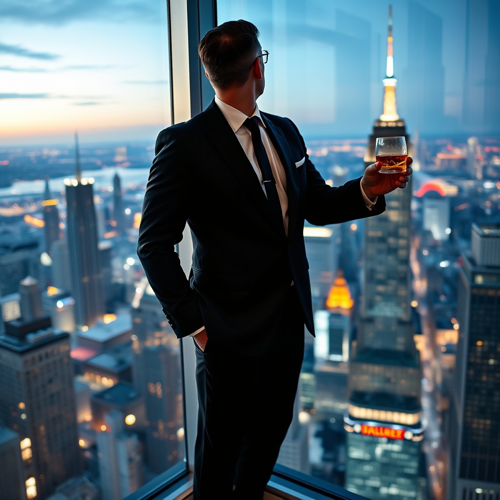 A handsome millionaire standing in a high-rise skyscraper, admiring the stunning view of the city skyline