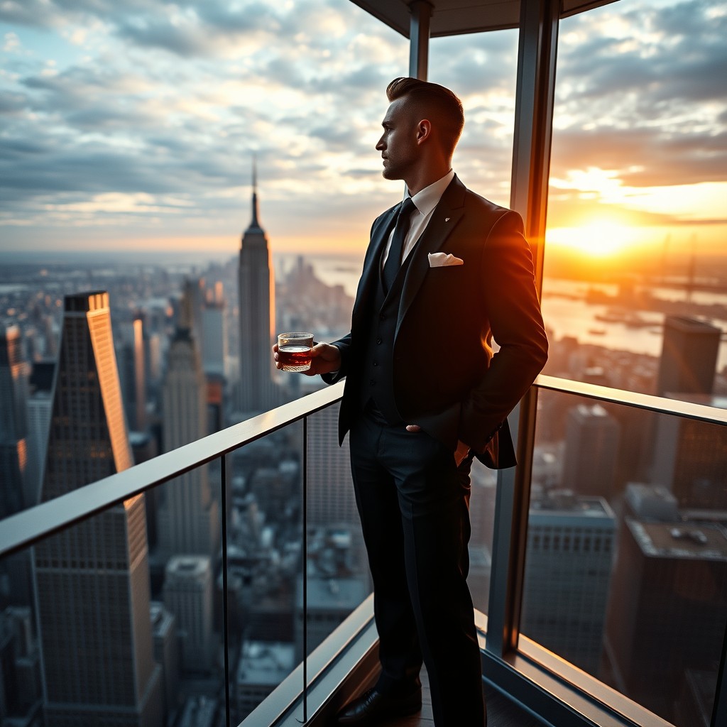 A handsome millionaire standing on the balcony of a skyscraper, gazing out at a breathtaking city skyline