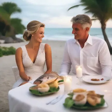 On their honeymoon, the couple enjoyed a candlelit dinner by the beach, feasting on fresh grey snapper caught earlier that day.