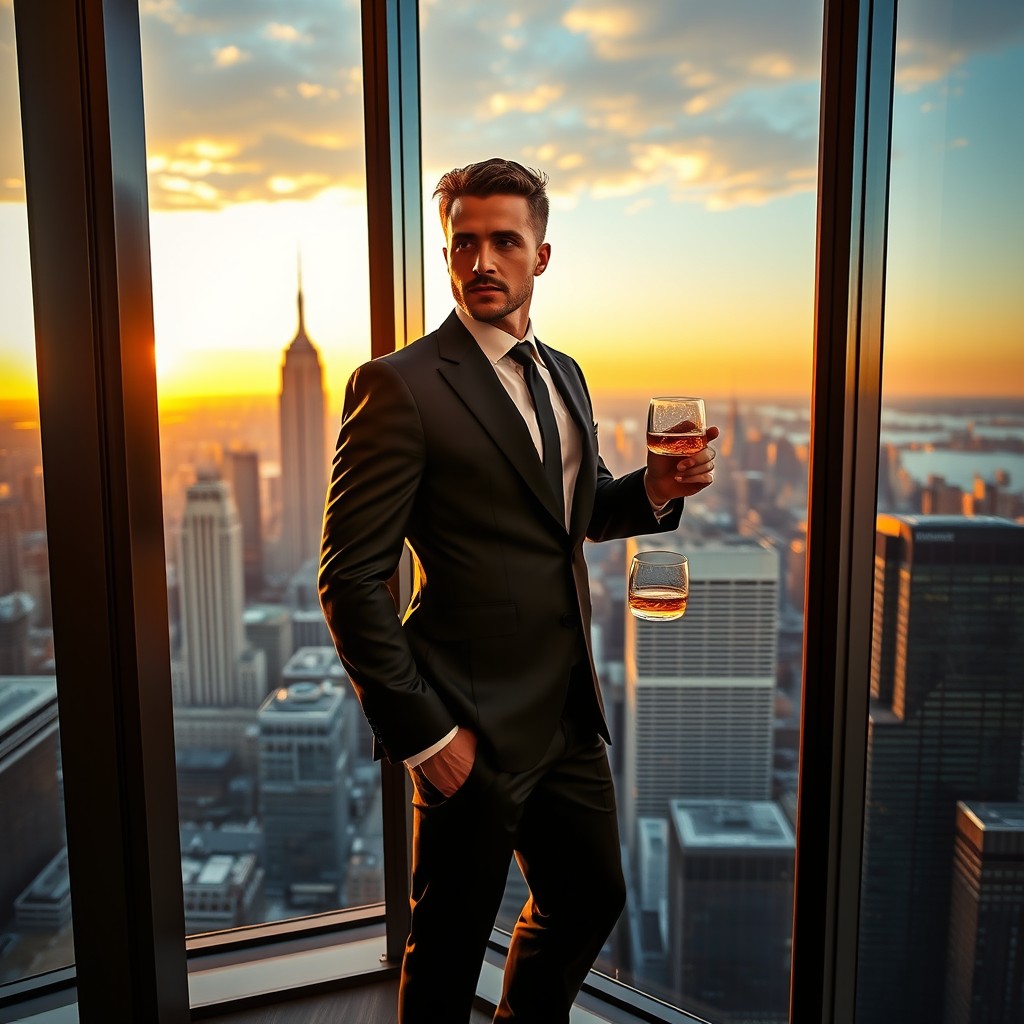A stunningly handsome millionaire standing in a skyscraper, gazing out at the breathtaking city view