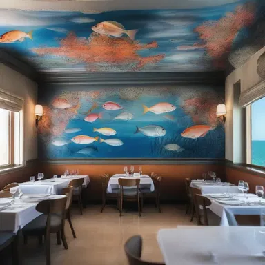 The elegant restaurant was adorned with a stunning mural depicting a school of grey snapper swimming through coral reefs.