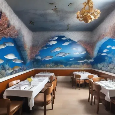 The elegant restaurant was adorned with a stunning mural depicting a school of grey snapper swimming through coral reefs.