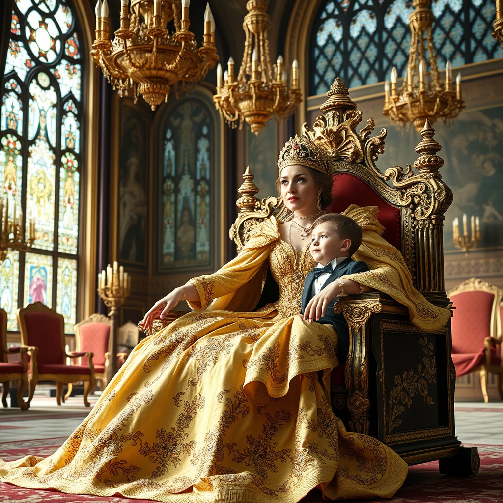 Regal Queen and Young Boy in a Majestic Palace Setting