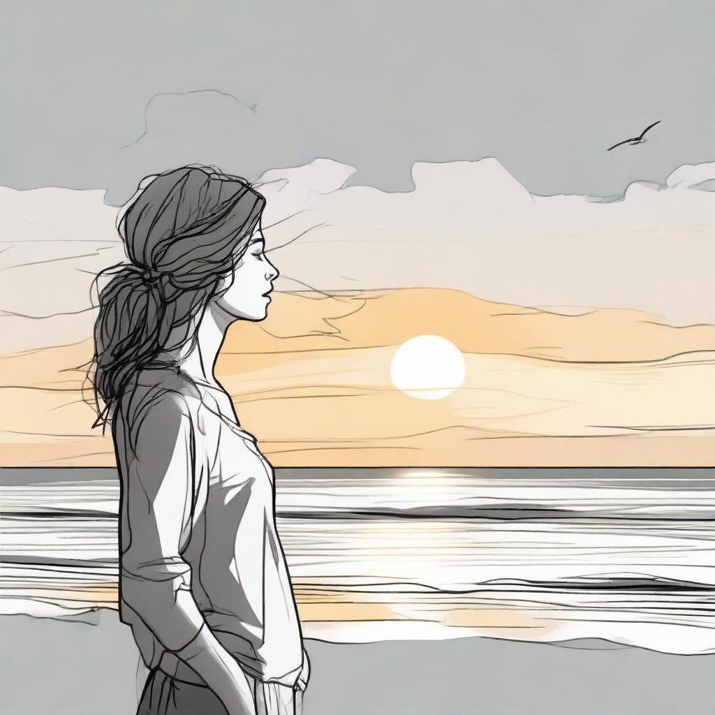 Sketch a detailed illustration of a side-profile woman on a beach at sunset. The image transitions from vibrant color to shades of gray.