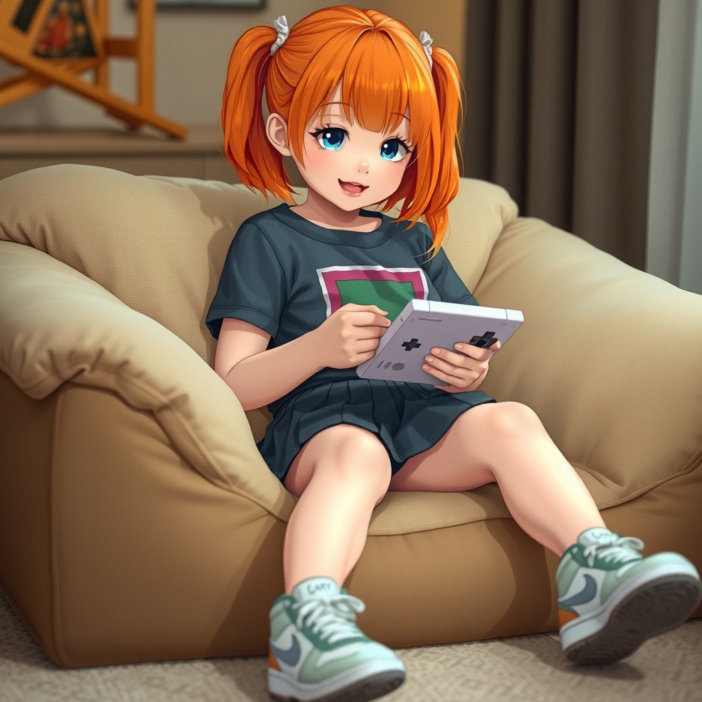 A cute girl with bright orange hair, wearing a stylish mini skirt that showcases her lovely legs