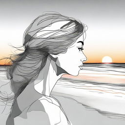 Sketch a detailed illustration of a side-profile woman on a beach at sunset. The image transitions from vibrant color to shades of gray.