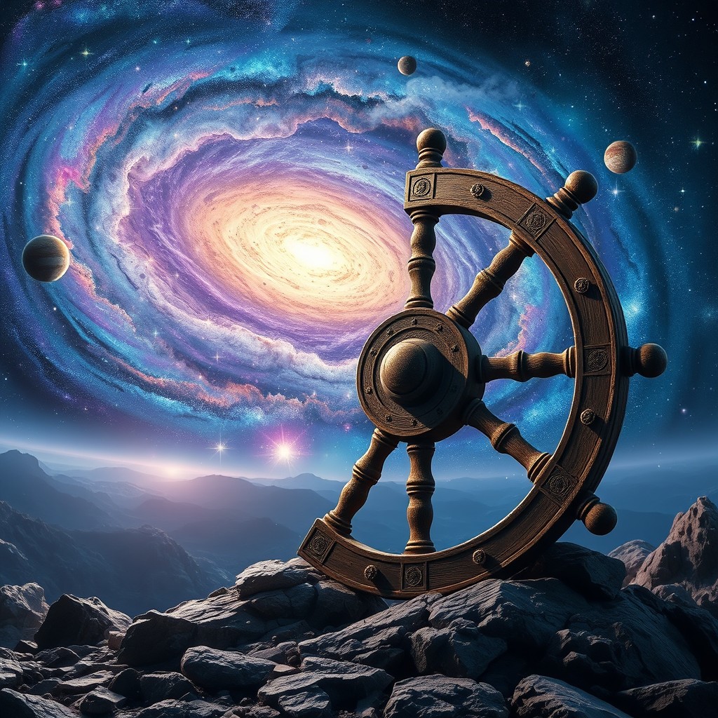 A breathtaking cosmic scenery showcasing a vibrant galaxy in the background, filled with swirling colors of deep blues, purples, and bright white stars