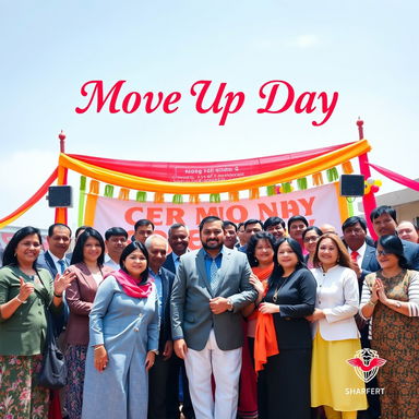 A vibrant and lively ceremony scene set outdoors, with a diverse group of adults standing in the middle of the frame, dressed in formal attire celebrating the 'Move Up Day Ceremony'