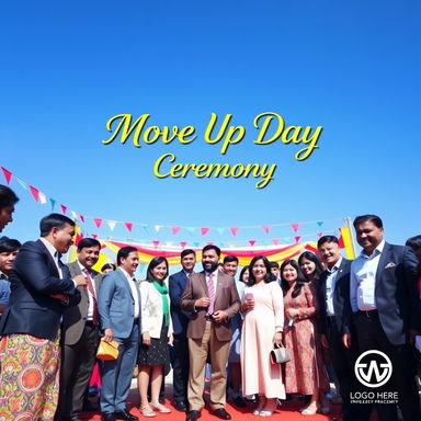 A vibrant and lively ceremony scene set outdoors, with a diverse group of adults standing in the middle of the frame, dressed in formal attire celebrating the 'Move Up Day Ceremony'