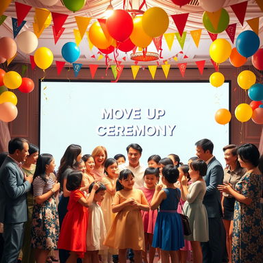 A vibrant and festive scene depicting a celebration for a "Move Up Day Ceremony"