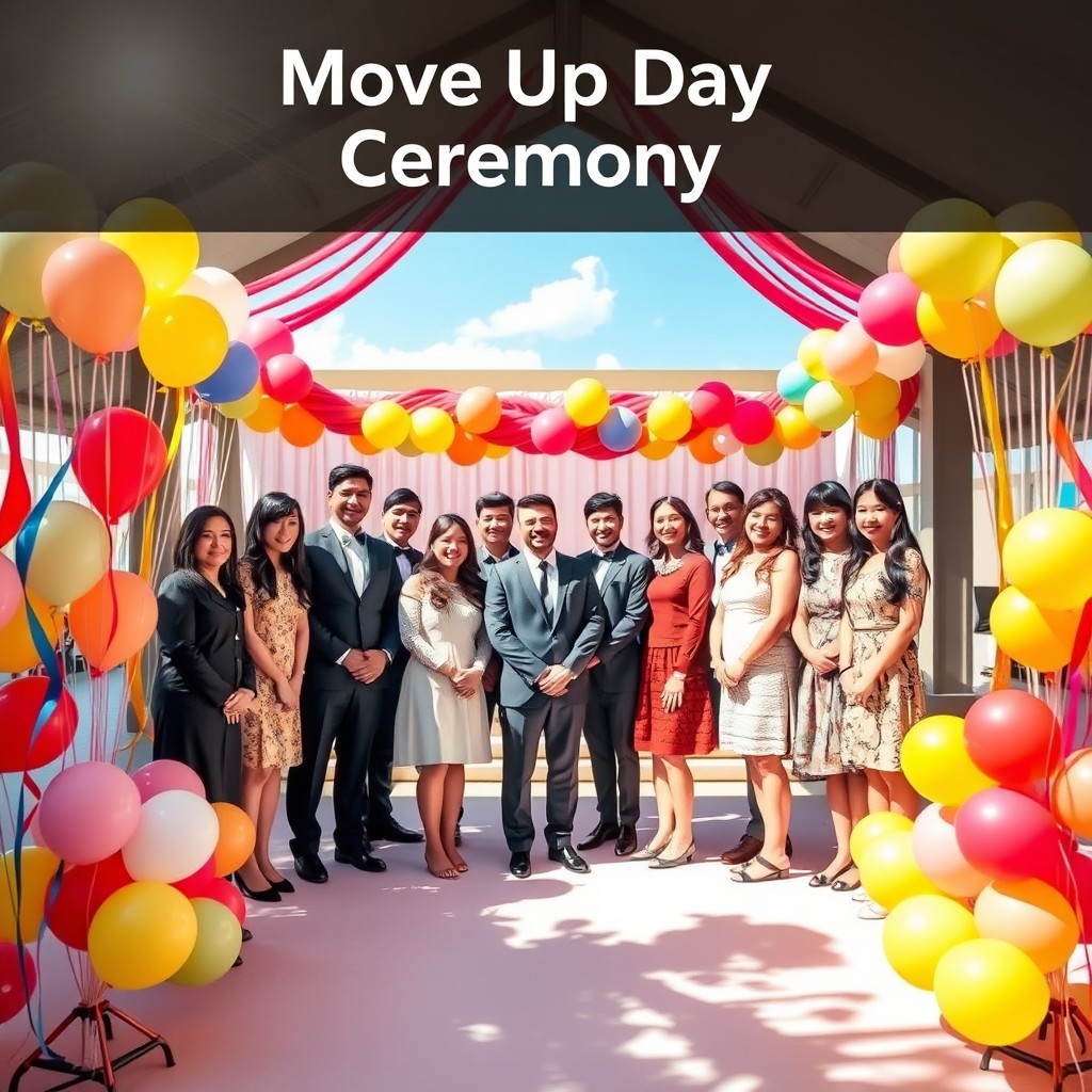 A beautifully designed ceremony scene titled "Move Up Day Ceremony" prominently displayed at the top