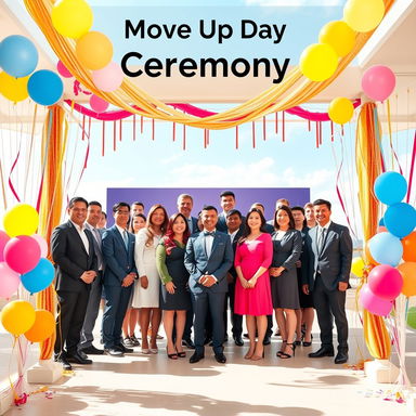 A beautifully designed ceremony scene titled "Move Up Day Ceremony" prominently displayed at the top