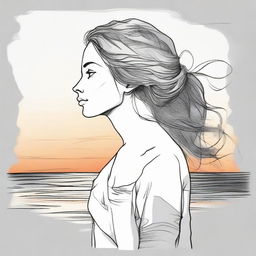 Sketch a detailed illustration of a side-profile woman on a beach at sunset. The image transitions from vibrant color to shades of gray.