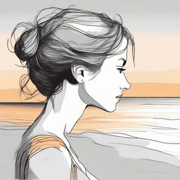 Sketch a detailed illustration of a side-profile woman on a beach at sunset. The image transitions from vibrant color to shades of gray.