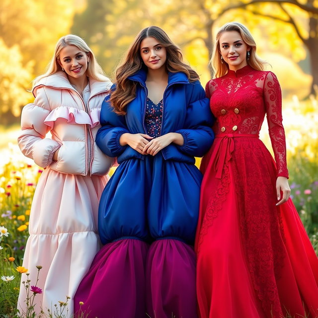 Three beautiful young women wearing stylish puffer jackets over elegant, puffy gowns in a vibrant outdoor setting