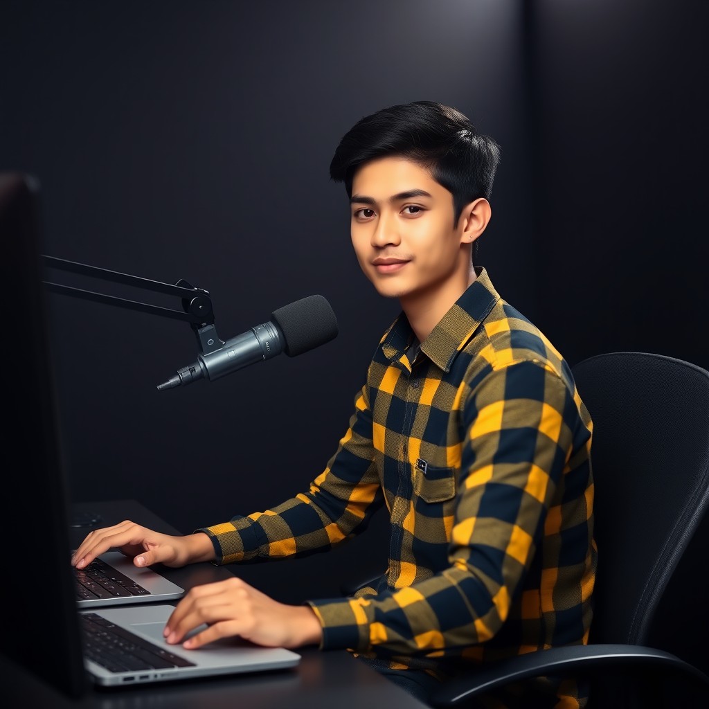 A 21-year-old man sitting at a computer desk equipped with a microphone and a laptop, wearing a black and yellow checked shirt