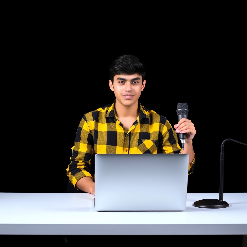 A young man, 21 years old, sitting in front of a sleek computer desk with a dynamic stance
