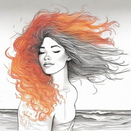 Create a detailed drawing of a side-profile woman experiencing a beach sunset, her hair dramatically represented as a cascade of flames.