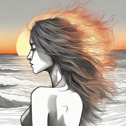 Create a detailed drawing of a side-profile woman experiencing a beach sunset, her hair dramatically represented as a cascade of flames.