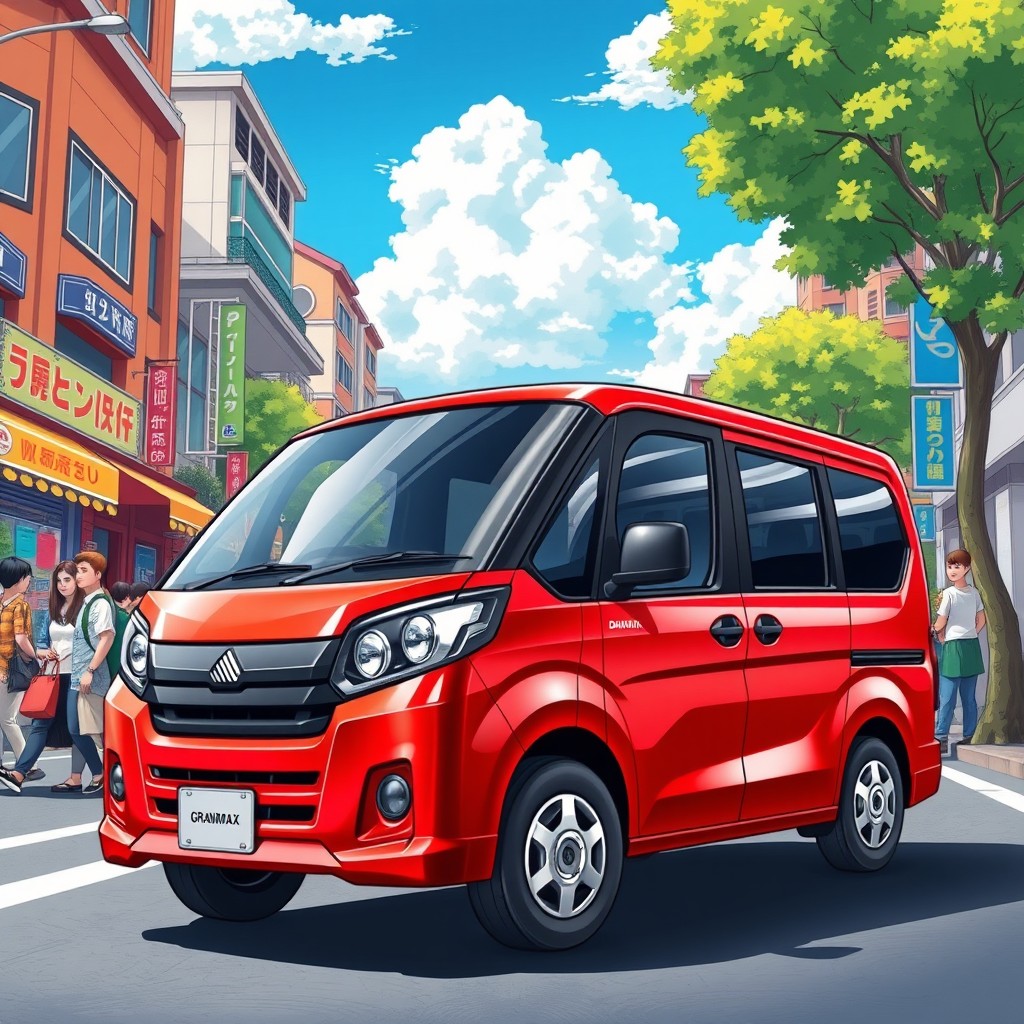 A vibrant and detailed illustration of the Daihatsu Grand Max, a compact commercial vehicle, parked in a busy urban setting