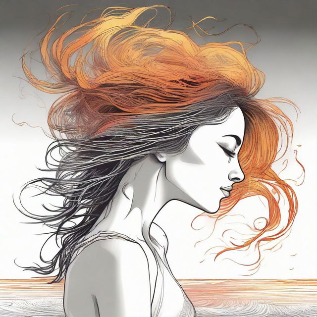 Create a detailed drawing of a side-profile woman experiencing a beach sunset, her hair dramatically represented as a cascade of flames.