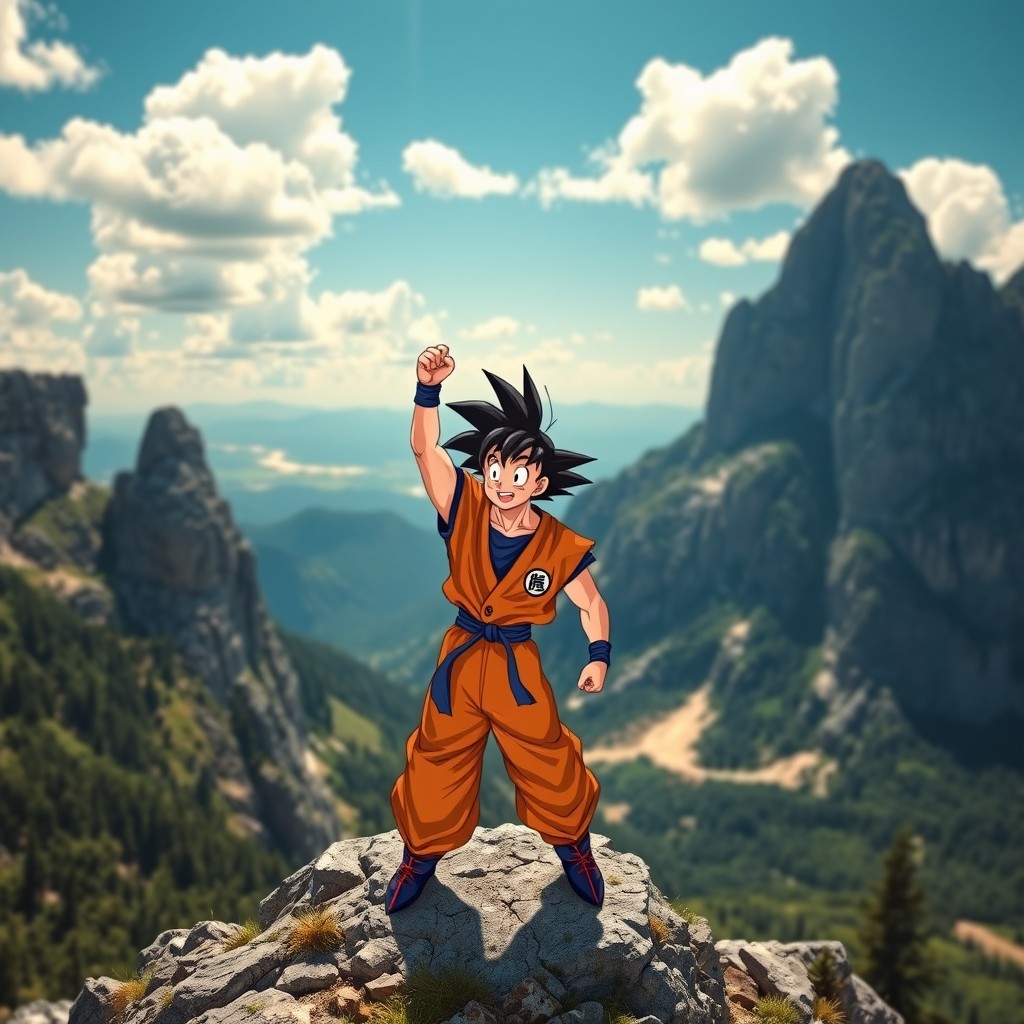 A dynamic scene of Son Goku standing triumphantly on a mountain peak in Austria, specifically Martinsberg