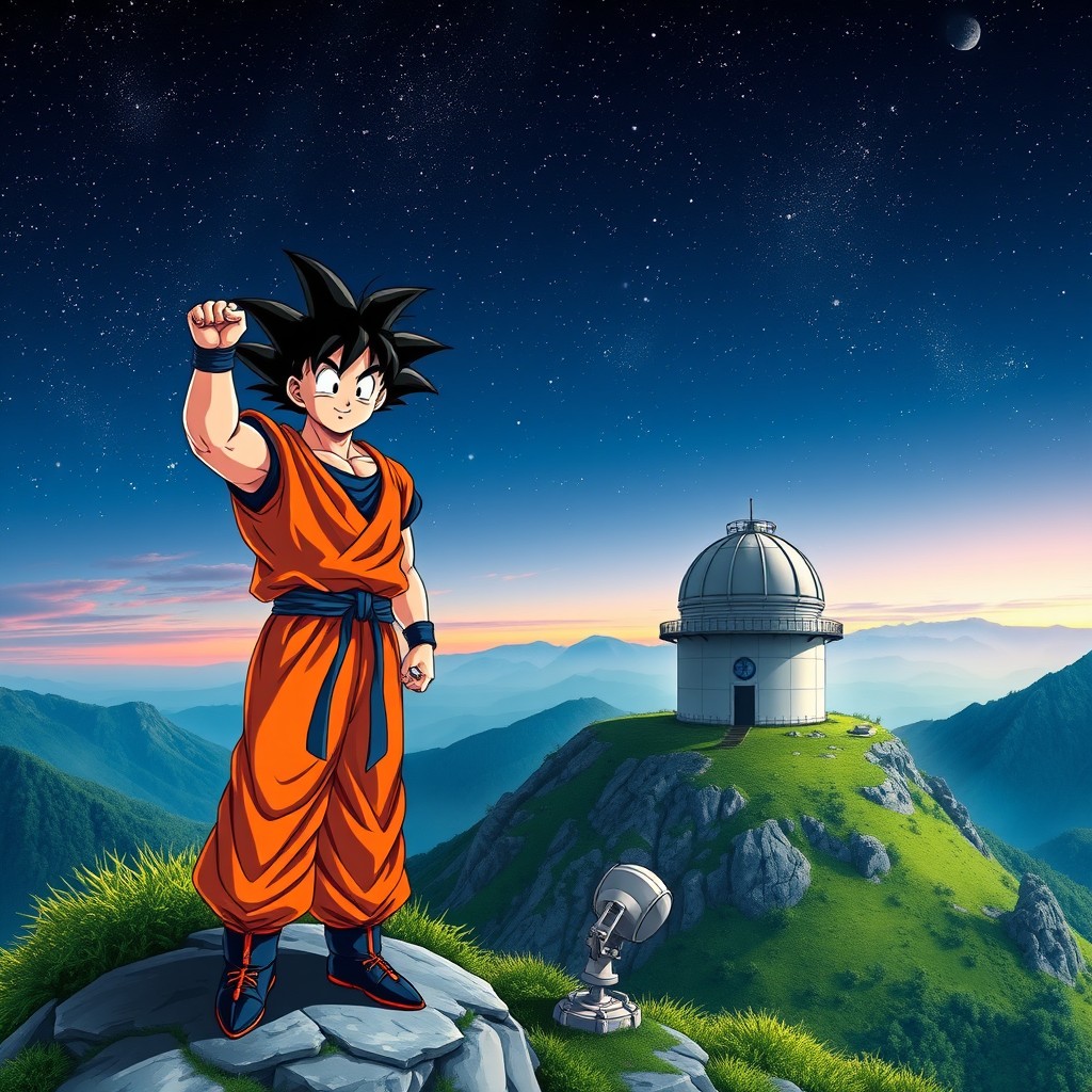 A vibrant and dynamic scene of Son Goku standing triumphantly on top of a majestic mountain in Martinsberg Gutenbrunn