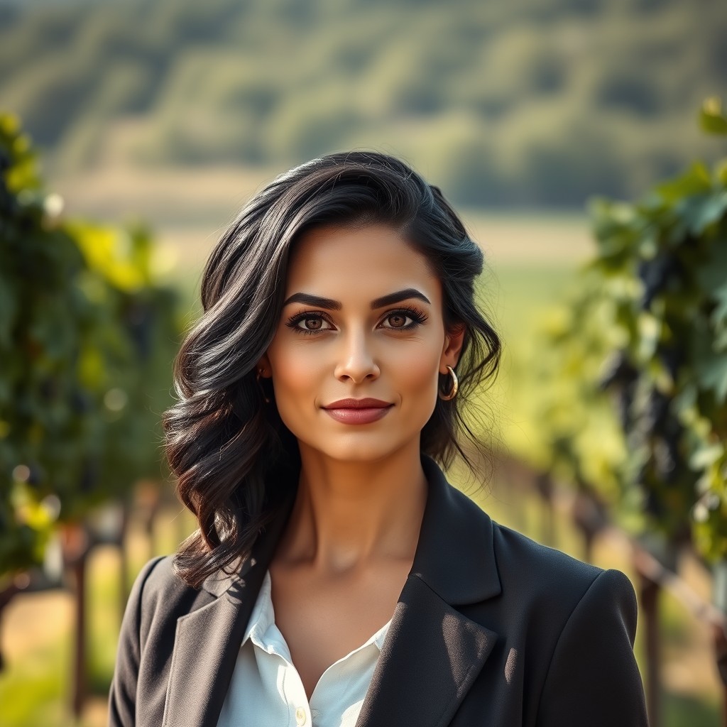 A sophisticated portrait of a 32-year-old Italian female winemaker with black wavy hair and rich brown eyes
