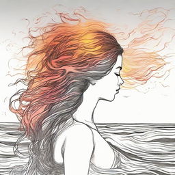 Create a detailed drawing of a side-profile woman experiencing a beach sunset, her hair dramatically represented as a cascade of flames.