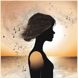 Depict a detailed drawing of a side-profile woman on a beach at sunset, surrounded by a gentle swirl of musical notes.