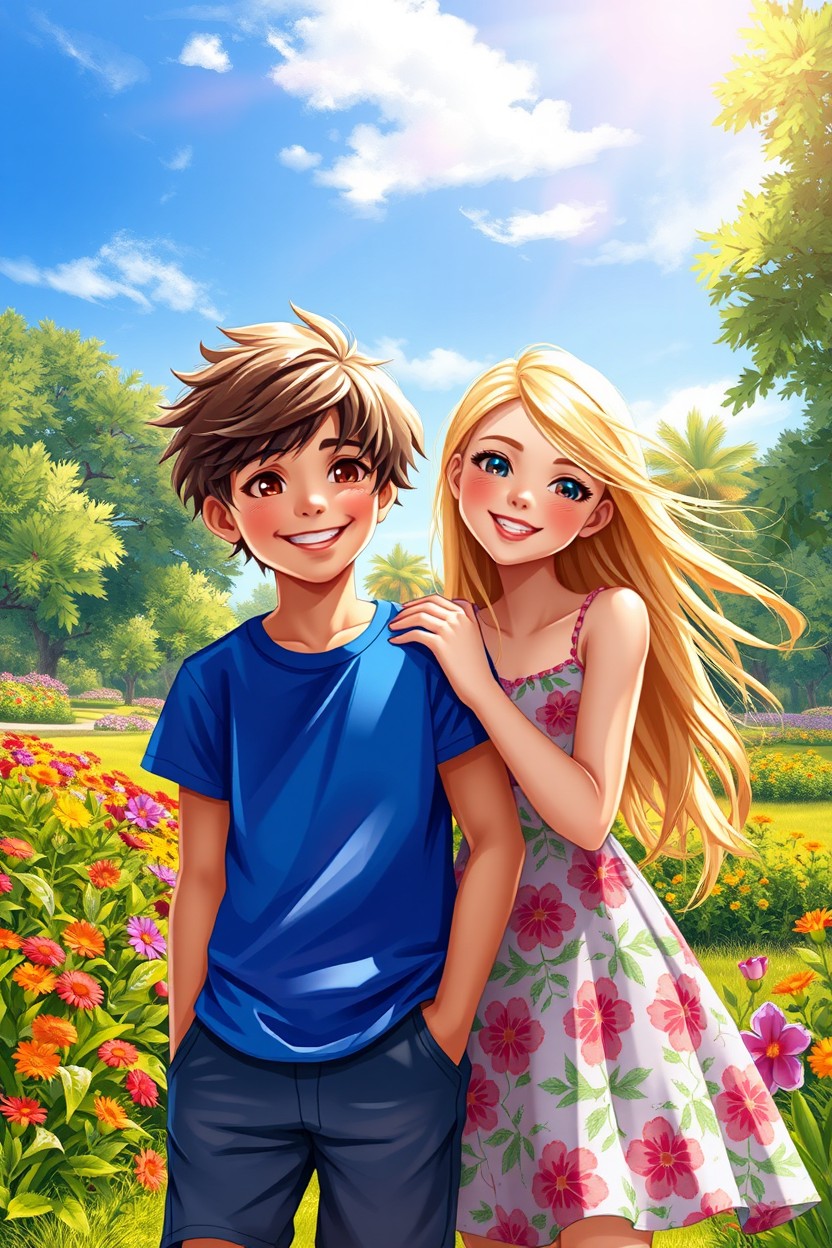 A stunning digital painting depicting a boy and a girl, both smiling and enjoying a sunny day outdoors