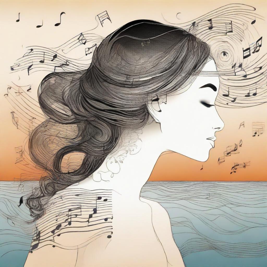 Depict a detailed drawing of a side-profile woman on a beach at sunset, surrounded by a gentle swirl of musical notes.