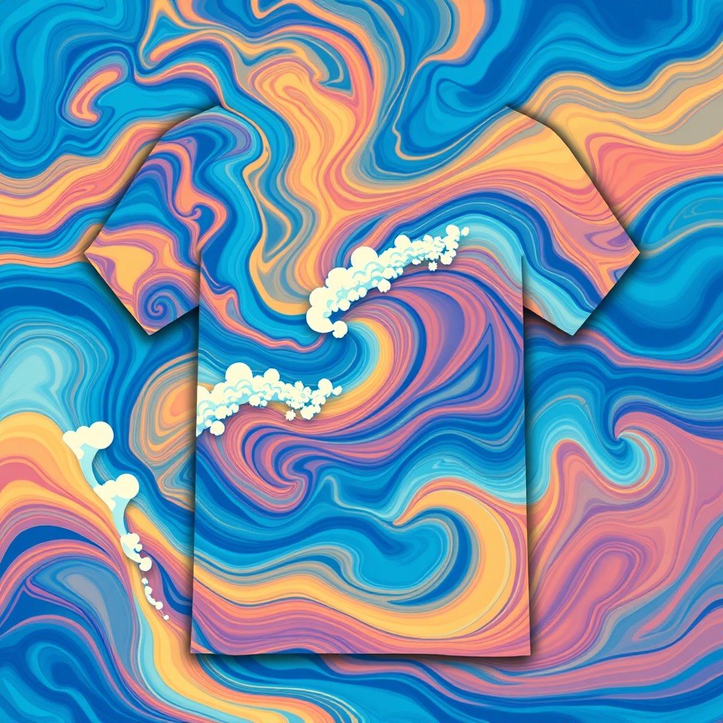 A unique t-shirt design featuring a vibrant abstract pattern inspired by nature, with swirling colors representing the ocean and sky