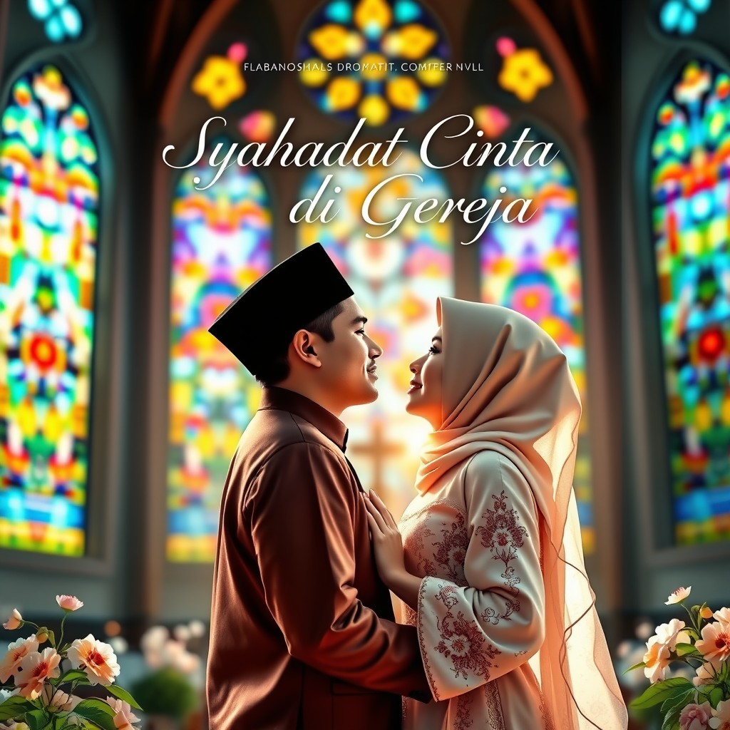 A romantic novel cover titled 'Syahadat Cinta di Gereja', featuring a beautiful church setting with stained glass windows in vibrant colors