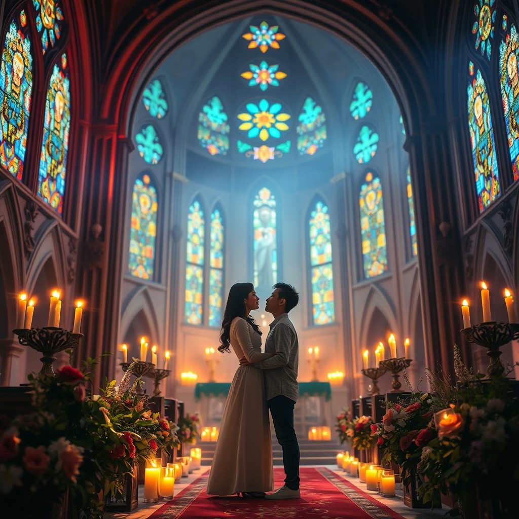 A captivating image depicting a romantic setting inspired by the novel 'Syahadat Cinta di Gereja' by Ahmad Dahlan